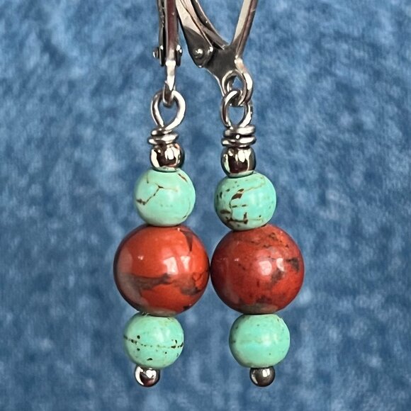 Red Jasper & Turquoise Stone Dangle Earrings, Minimalist Gemstone Small Earrings - Picture 2 of 6